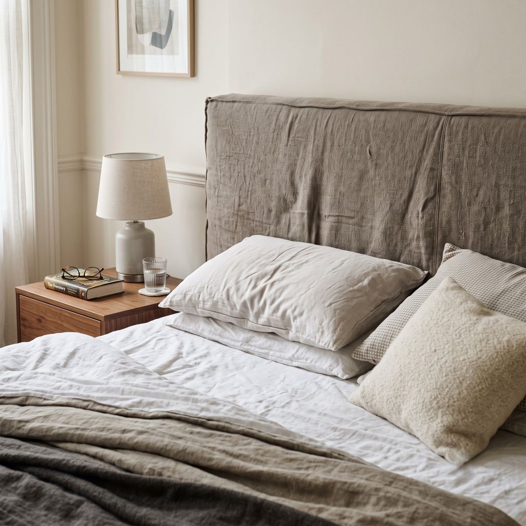 the upholstered headboard of an expensive king-size bed in a South West London apartment bedroom